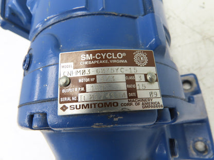 Sumitomo SM Cyclo CNHM03-6075YC-15:1 Gearmotor 1/3Hp 230/460V 3PH 117rpm F63M
