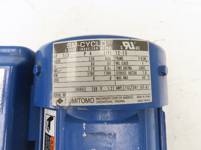 Sumitomo SM Cyclo CNHM03-6075YC-15:1 Gearmotor 1/3Hp 230/460V 3PH 117rpm F63M