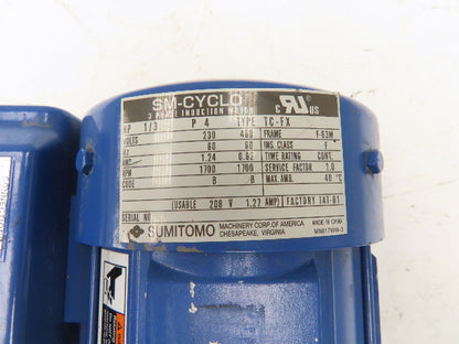 Sumitomo SM Cyclo CNHM03-6075YC-15:1 Gearmotor 1/3Hp 230/460V 3PH 117rpm F63M