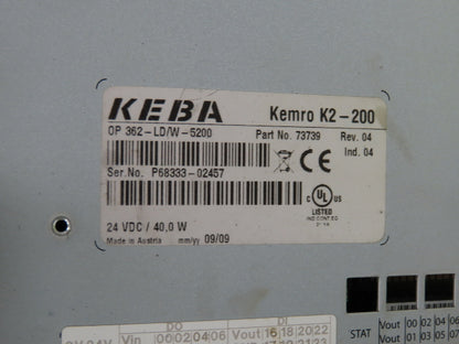Keba OP-362 Kemro K2-200 HMI Operator Touch Panel 24V DC /40.0W Rev. 04 Ind. 04