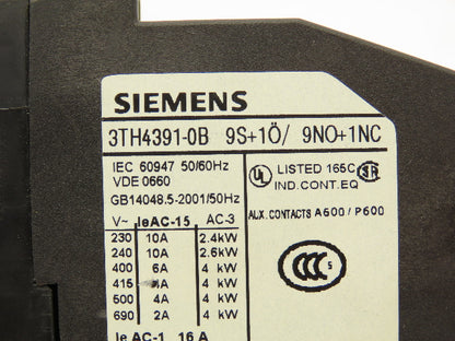 Siemens 3TH4391-0B Contactor Relay 9NO + 1NC 24V Coil 10A 600V 91E 3TH43