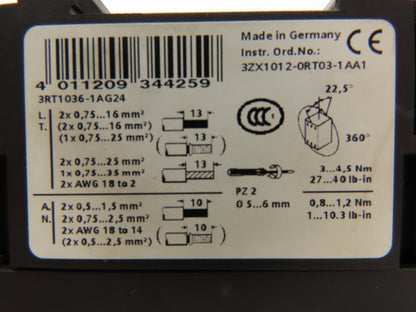 Siemens 3RT1036-1AG24 Motor Starter Contactor w/Varistor 50HP 600V 3PH 120V Coil