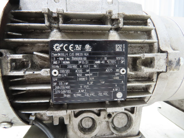 Nord SK80L/4 CUS BRE20 HLH Gearmotor 10:1 1Hp 460V 165rpm 1"Hollow Shaft w/Brake