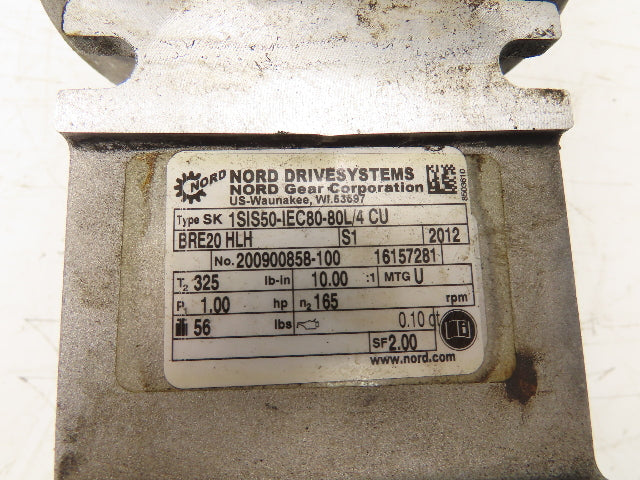 Nord SK80L/4 CUS BRE20 HLH Gearmotor 10:1 1Hp 460V 165rpm 1"Hollow Shaft w/Brake