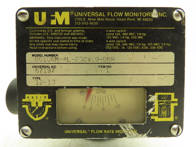 UFM 0010GM-4L-230V.9-0NR Flow Meter Monitor 1/2" NPT Port 10 GPM 3 Wire Switch