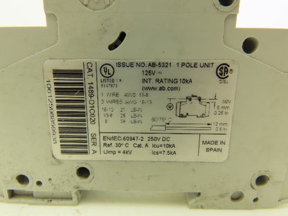 Allen Bradley 1489-D1C020 Circuit Breaker 2A 1 Pole 125 VAC Ser A Lot of 14
