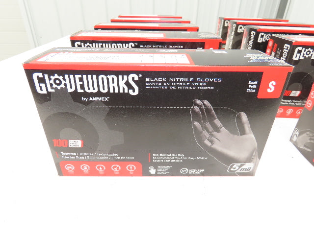 Ammex Gloveworks Small Black Nitrile Gloves Textured Non-Med 100ct Case of 1000