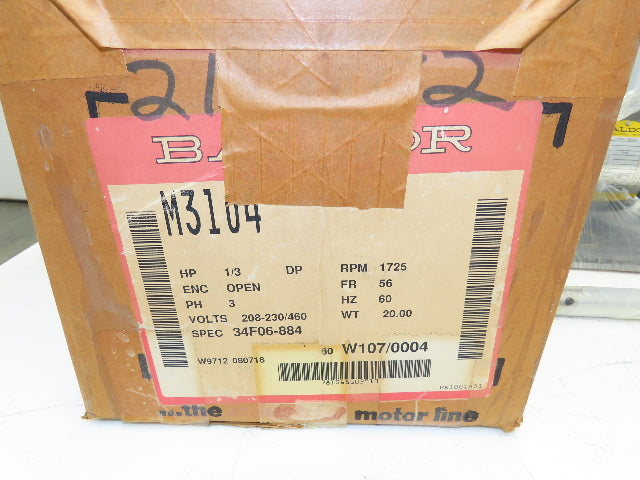 Baldor M3104 AC Electric Fan Motor 0.33Hp 1725rpm 230/460VAC 3Ph 56C 34F06-884