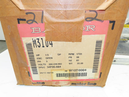 Baldor M3104 AC Electric Fan Motor 0.33Hp 1725rpm 230/460VAC 3Ph 56C 34F06-884