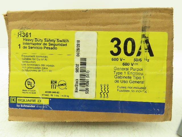 Square D H361 Safety Disconnect Switch 30A 600V 15HP Fused 3 Pole