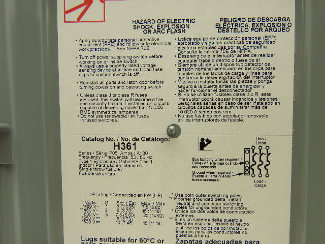 Square D H361 Safety Disconnect Switch 30A 600V 15HP Fused 3 Pole