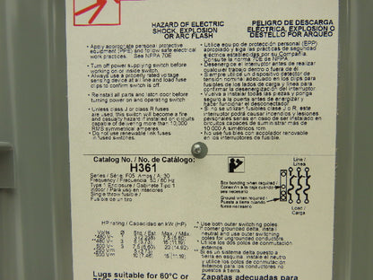 Square D H361 Safety Disconnect Switch 30A 600V 15HP Fused 3 Pole