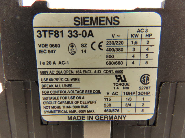 Siemens 3TF81 33-0AK1 Compact Reversing Contactor AC 120V Coil 1NO + 1NC Demag