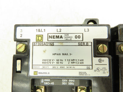Square D 8736SAO16S AC Reversing Magnetic NEMA Starter Size 00 575V 3Ph 2Hp