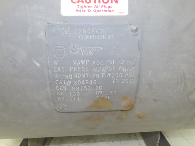 Manchester 304946 Pneumatic Air Receiver Tank 200PSI 30 Gallon 650°F