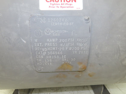 Manchester 304946 Pneumatic Air Receiver Tank 200PSI 30 Gallon 650°F
