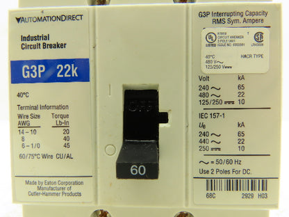 Automation Direct G3P-060 Industrial Circuit Breaker 60A 3 Pole 480V 125/250VDC