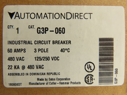 Automation Direct G3P-060 Industrial Circuit Breaker 60A 3 Pole 480V 125/250VDC