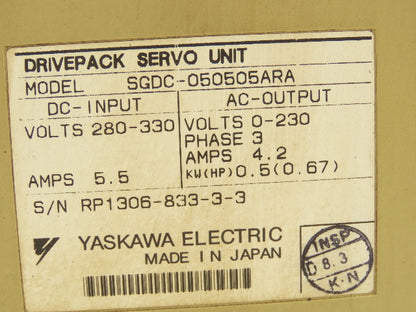 Yaskawa SGDC050505ARA Drivepack Servo Unit 280-330VDC Input 0-230VAC 3Ph Output