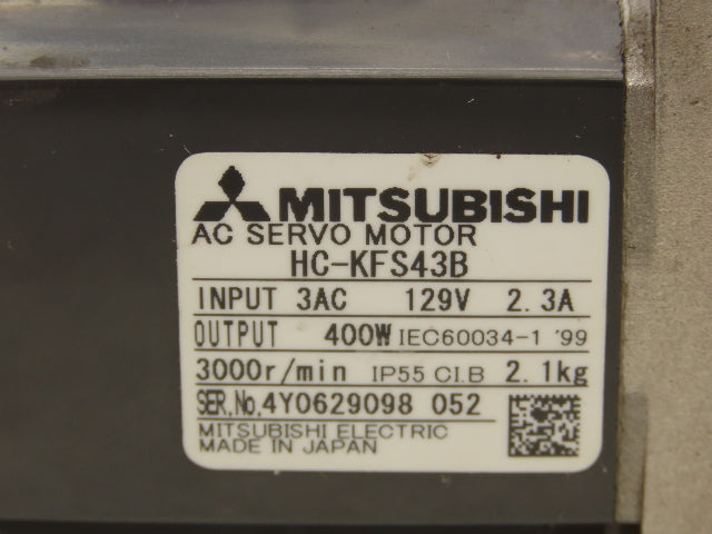 Mitsubishi HC-KFS43B AC Servo Motor 129V 3PH 400W 3000 RPM 2.3A W/Encoder