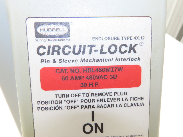 Hubbell HBL460MI7W Circuit-Lock Pin & Sleeve Female Interlock Plug 60A 480V 30HP