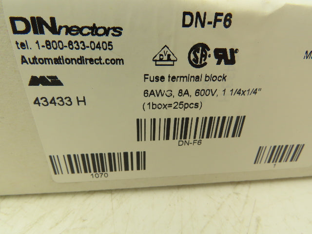 Automation Direct DN-F6 DINnectors Fuse Terminal Block 6AWG 8A 600V Box of 25