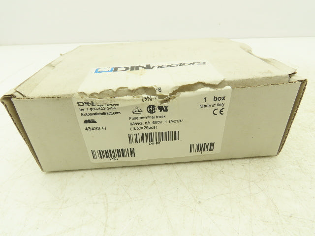 Automation Direct DN-F6 DINnectors Fuse Terminal Block 6AWG 8A 600V Box of 25