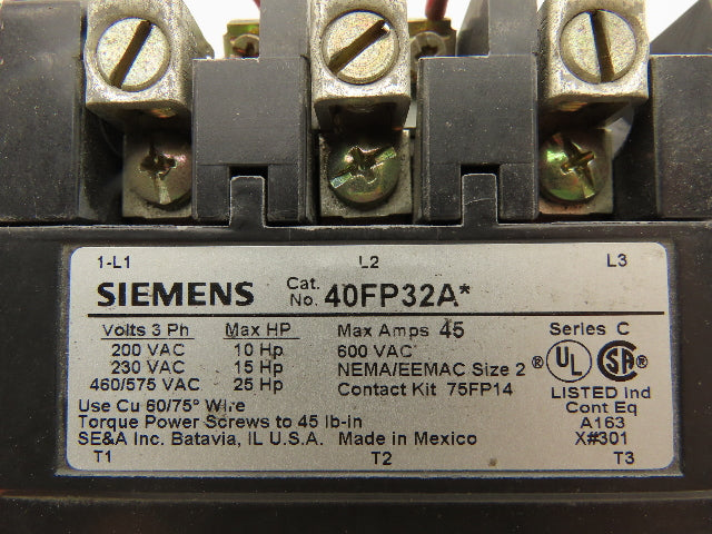 Siemens 40FP32A Contactor Motor Starter 25Hp 600VAC 3Ph 480V Coil Ser C Size 2