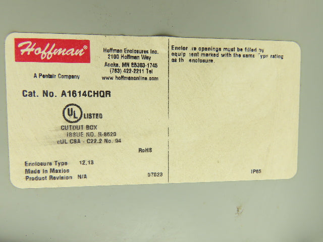 Hoffman A1614CHQR Electrical Enclosure Control Panel 16x14x6" With Back Plate