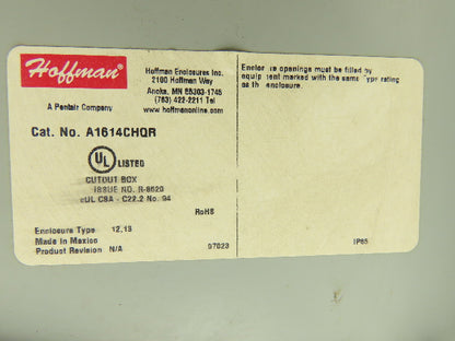 Hoffman A1614CHQR Electrical Enclosure Control Panel 16x14x6" With Back Plate