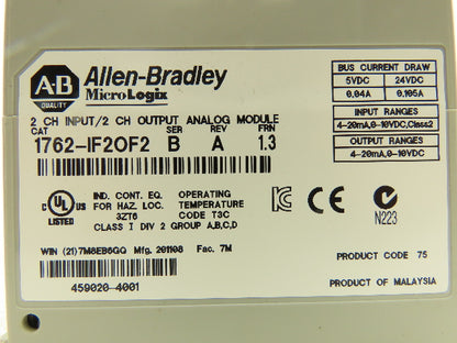 Allen Bradley 1762-IF2OF2 MicroLogix 1200 Analog I/O Mod Ser B Rev A FRN 1.3
