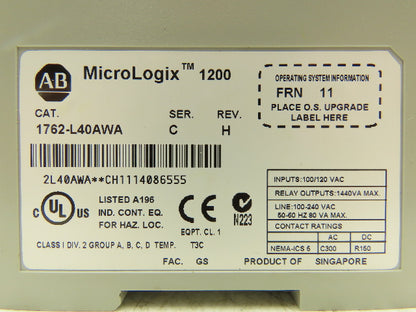 Allen Bradley 1762-L40AWA MicroLogix 1200 PLC Input Output Module Ser C Rev H