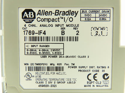 Allen Bradley 1769-IF4 Compact I/O Analog Input Module 24VDC Ser B Rev 2 F/W 2.1
