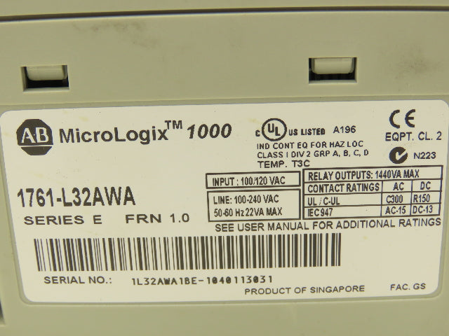 Allen Bradley 1761-L32AWA MicroLogix 1000 PCL Controller 120-240VAC Ser E