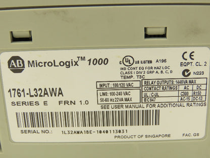Allen Bradley 1761-L32AWA MicroLogix 1000 PCL Controller 120-240VAC Ser E