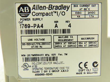 Allen Bradley 1769-PA4 Compact I/O PLC Power Supply Ser A Rev 4