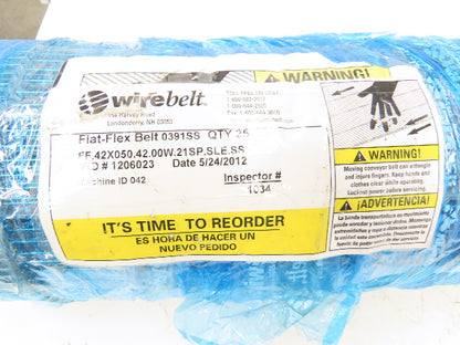 Wirebelt 42"x 25' Flat Flex Stainless Wire Conveyor Belt Sanitary 3/8x.050 21SP
