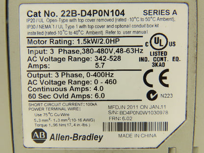 Allen Bradley 22B-D4P0N104 PowerFlex 40 VFD 2Hp 460V 3Ph w/ Ethernet-IP Adapter