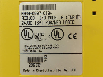 GE Fanuc A03B-0807-C104 I/O Input Output Module 16Pt Relay Input AID16D Model A