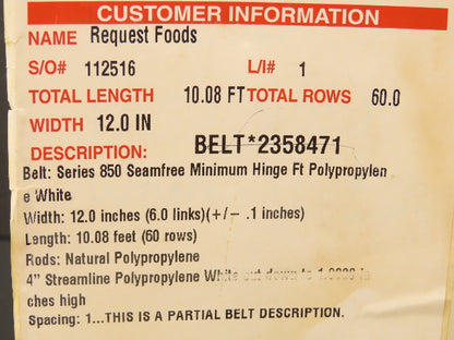 Intralox 850 Series 12"W SeamFree Cleated Top Poly Conveyor Belt White 10'L