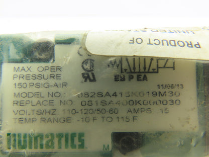 Numatics 082SA415K019M30 Pneumatic Solenoid Valve/Manifold 120V 1/4"NPT 150PSI