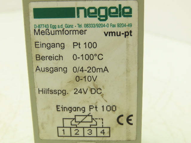 Negele vmu-pt Temperature Converter 0-100° C Input 24VDC Output 0/4-20mA 0-10V