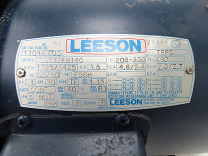 Leeson 110444M.00 AC Motor 1.5Hp 1725 RPM 230/460V 3PH F56H TEFC C6T17FB14C