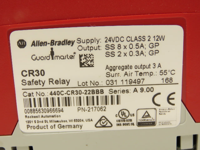Allen Bradley 440C-CR30-22BBB GuardMaster Safety Relay 24VDC 5A Ser. A9.00