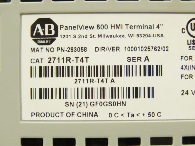 Allen Bradley 2711R-T4T PanelView 800 HMI Control Terminal 4" Touch Screen Ser A