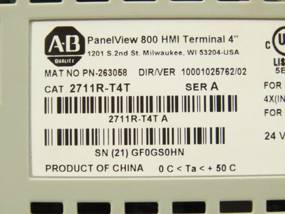 Allen Bradley 2711R-T4T PanelView 800 HMI Control Terminal 4" Touch Screen Ser A