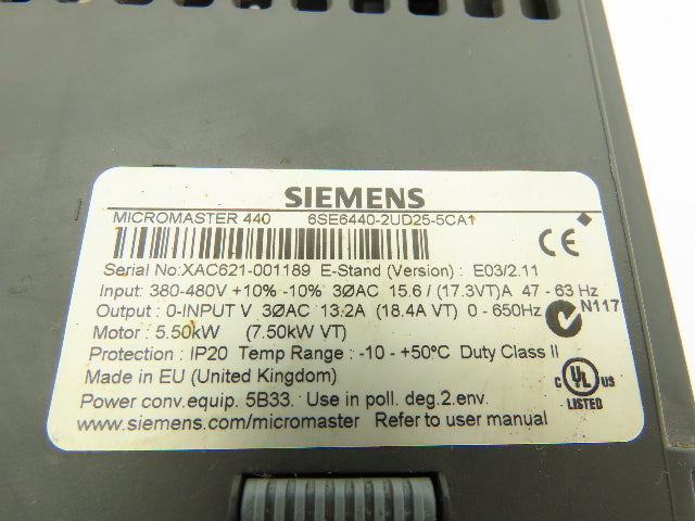 Siemens 6SE6440-2UD25-5CA1 MicroMaster 440 VFD AC Motor Drive 5.5kw 380-480V 3Ph