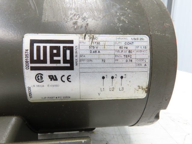 Weg E104590 AC Motor 1/3Hp 1730 RPM 575V 3PH 56C TEFC LR 38324