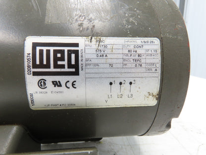 Weg E104590 AC Motor 1/3Hp 1730 RPM 575V 3PH 56C TEFC LR 38324