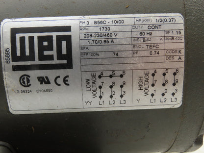 WEG B56C-10/00 Electric AC Motor 1/2Hp 1730 RPM 208-230/460V 3PH 56C 5/8"Shaft